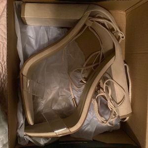 fashion nova heels tie at the ankles tan color